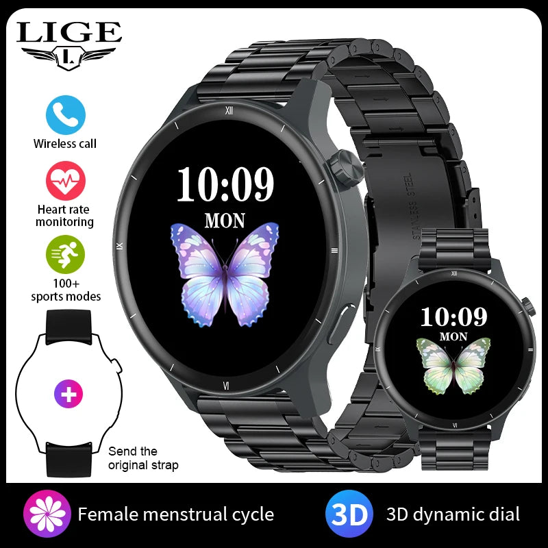 LIGE Fashion 3D Dynamic Dial Smart Watch Women Bluetooth Call Health Monitor 1.39''HD Screen Music Fitness Men Ladies Smartwatch