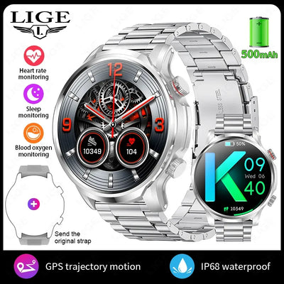 LIGE Motion Trajectory GPS Smart Watch For Men 500Ah Extra-Long Battery Waterproof Steel Rugged Smartwatch Bluetooth Call Watch