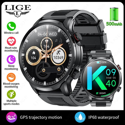 LIGE Motion Trajectory GPS Smart Watch For Men 500Ah Extra-Long Battery Waterproof Steel Rugged Smartwatch Bluetooth Call Watch