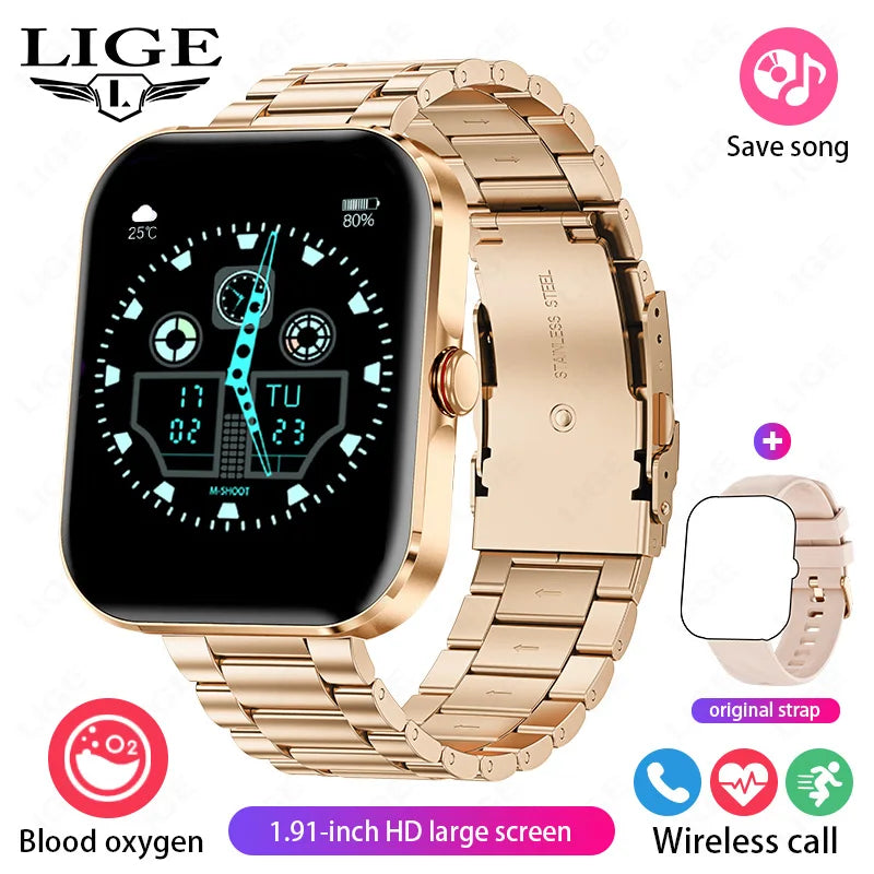 LIGE New 1.91-inch HD Screen Men Women Smart Watches Waterproof Bluetooth Call Sports Smartwatch Health Monitor For Android IOS