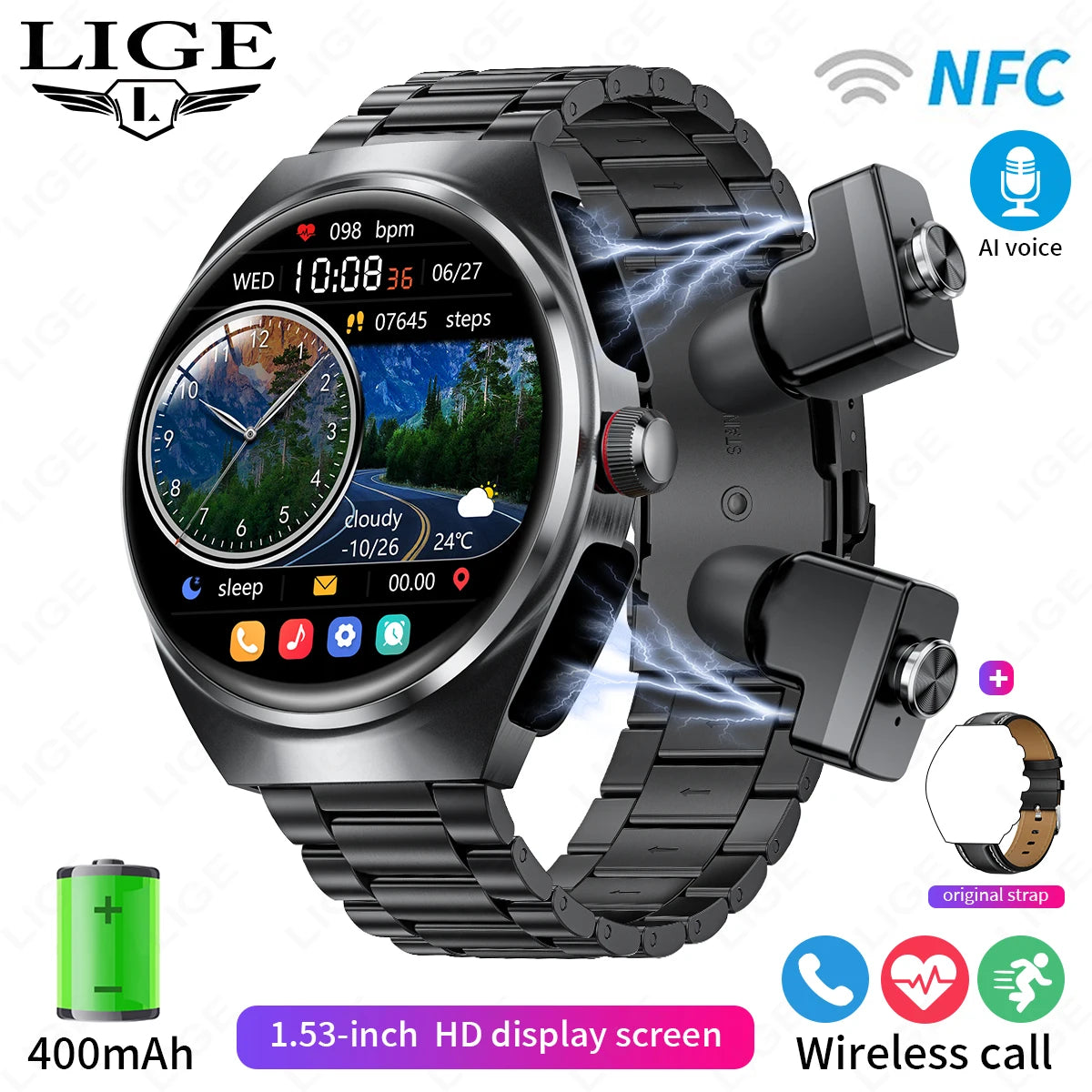 LIGE NFC TWS Earphone Smart Watch Bluetooth Call Waterproof Sports Fitness Men Smartwatch Plays Music Watches Heart Rate Monitor