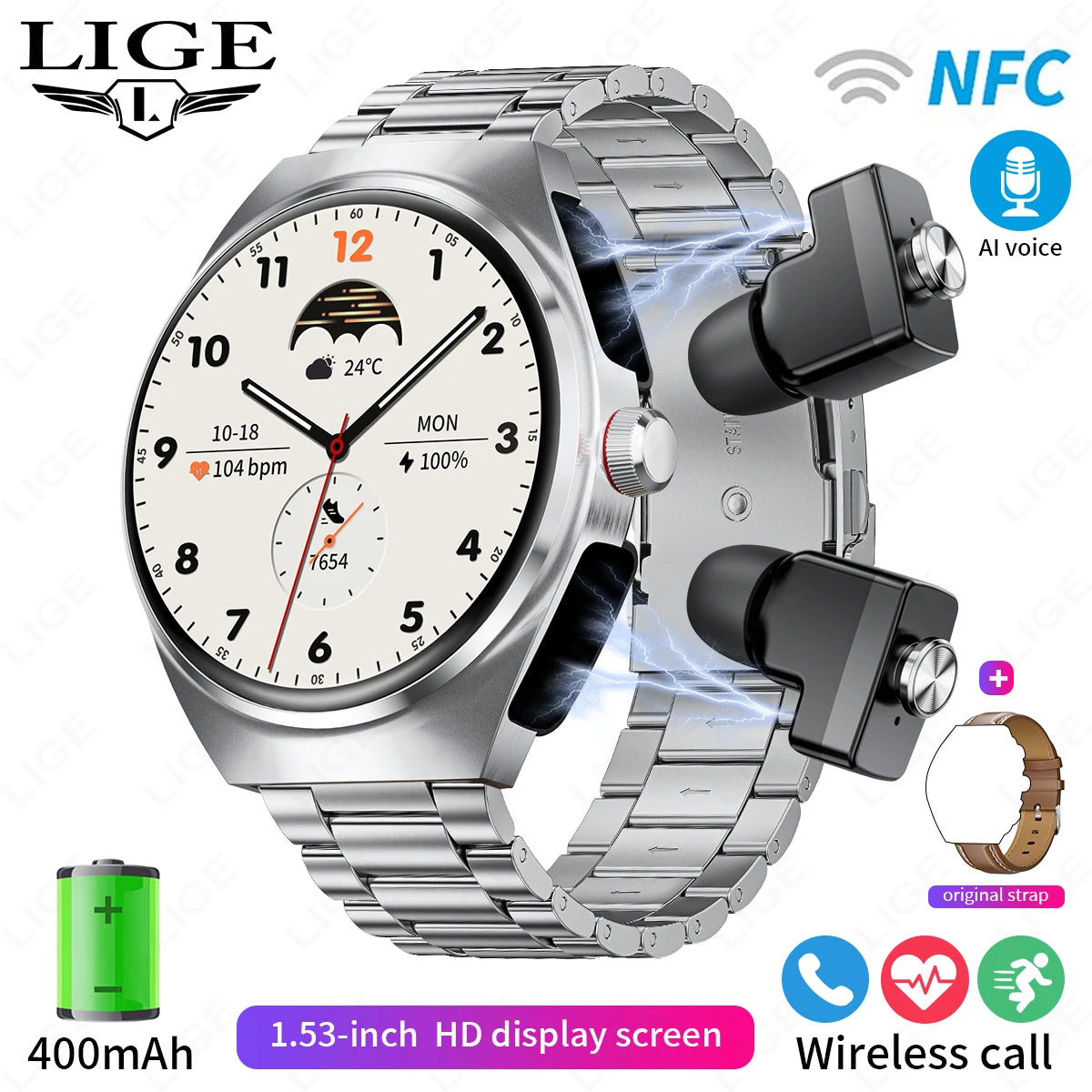 LIGE NFC TWS Earphone Smart Watch Bluetooth Call Waterproof Sports Fitness Men Smartwatch Plays Music Watches Heart Rate Monitor