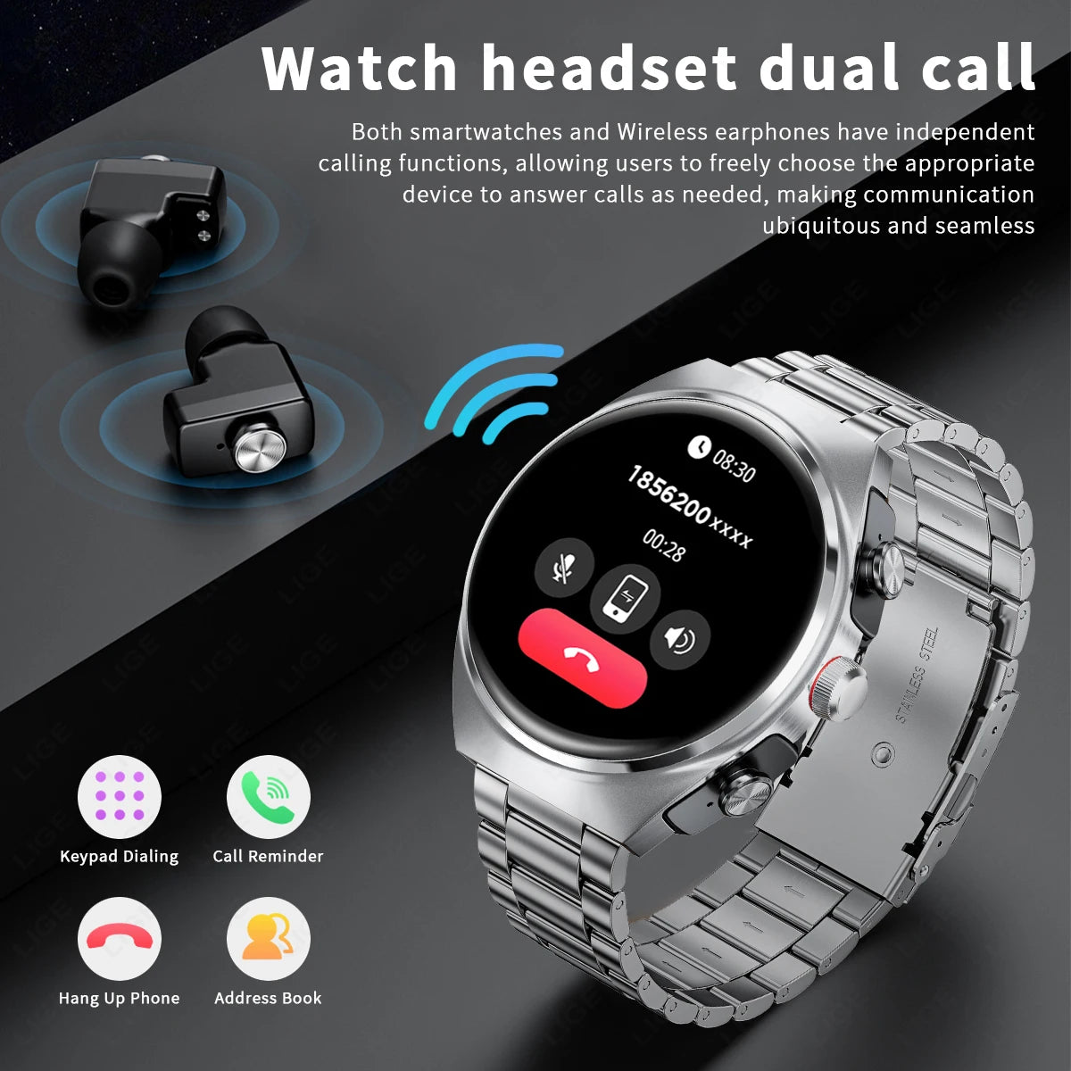 LIGE NFC TWS Earphone Smart Watch Bluetooth Call Waterproof Sports Fitness Men Smartwatch Plays Music Watches Heart Rate Monitor