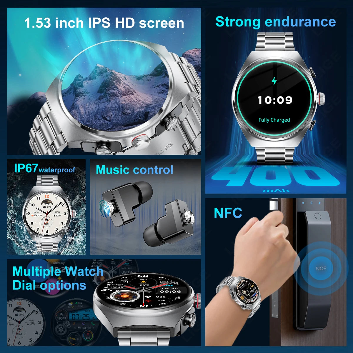 LIGE NFC TWS Earphone Smart Watch Bluetooth Call Waterproof Sports Fitness Men Smartwatch Plays Music Watches Heart Rate Monitor