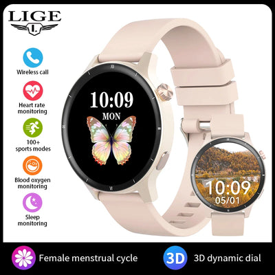 LIGE Fashion 3D Dynamic Dial Smart Watch Women Bluetooth Call Health Monitor 1.39''HD Screen Music Fitness Men Ladies Smartwatch