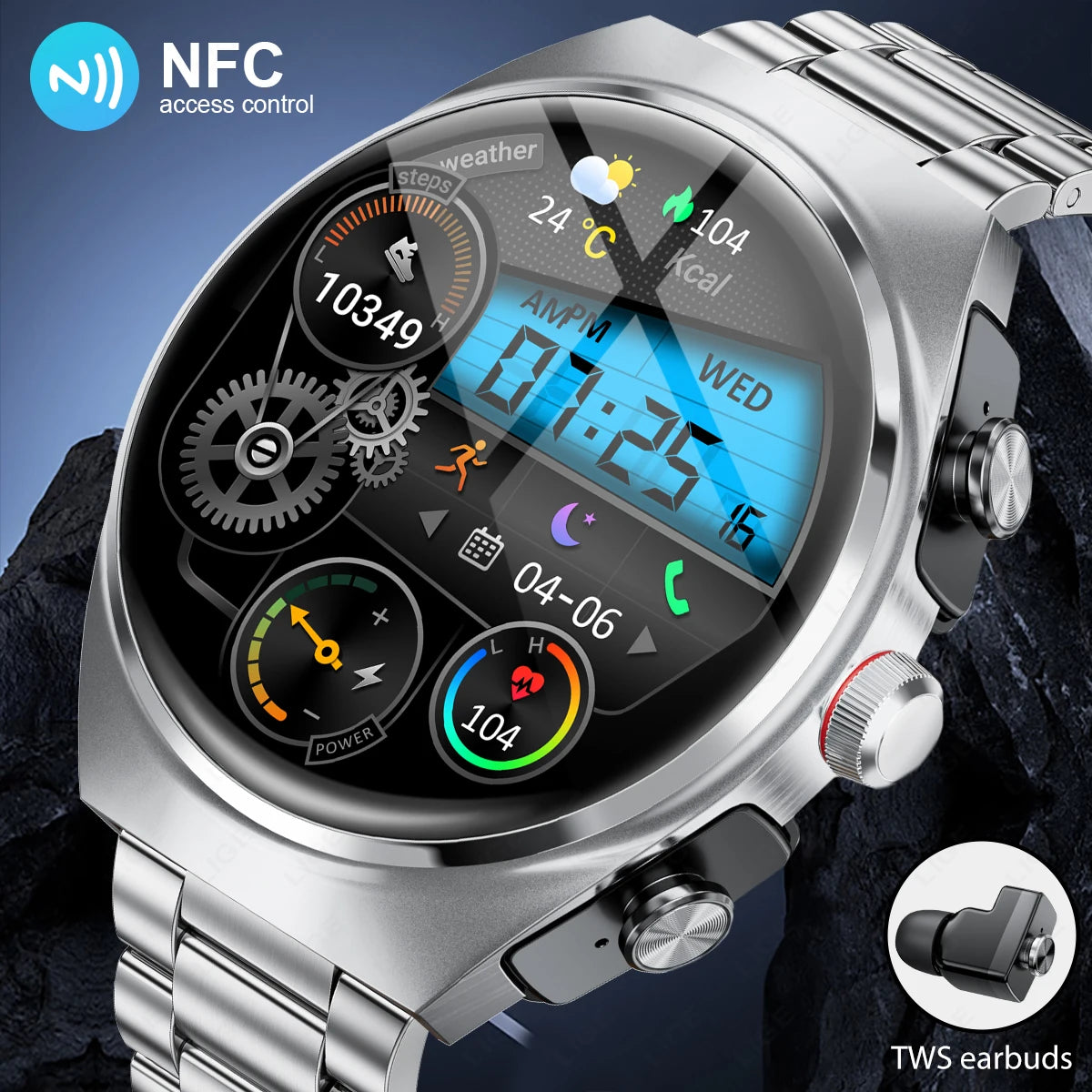 LIGE NFC TWS Earphone Smart Watch Bluetooth Call Waterproof Sports Fitness Men Smartwatch Plays Music Watches Heart Rate Monitor