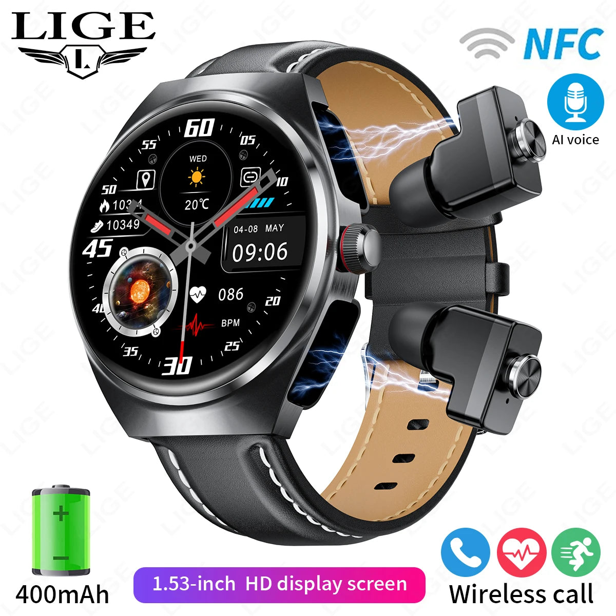 LIGE NFC TWS Earphone Smart Watch Bluetooth Call Waterproof Sports Fitness Men Smartwatch Plays Music Watches Heart Rate Monitor