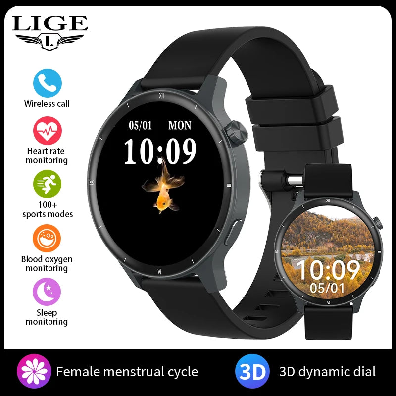 LIGE Fashion 3D Dynamic Dial Smart Watch Women Bluetooth Call Health Monitor 1.39''HD Screen Music Fitness Men Ladies Smartwatch