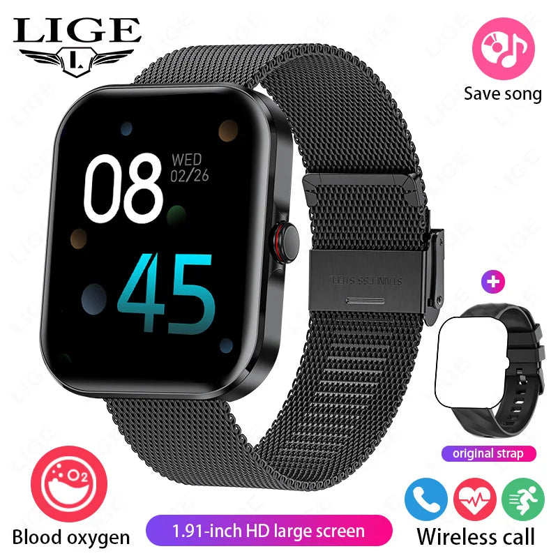 LIGE New 1.91-inch HD Screen Men Women Smart Watches Waterproof Bluetooth Call Sports Smartwatch Health Monitor For Android IOS