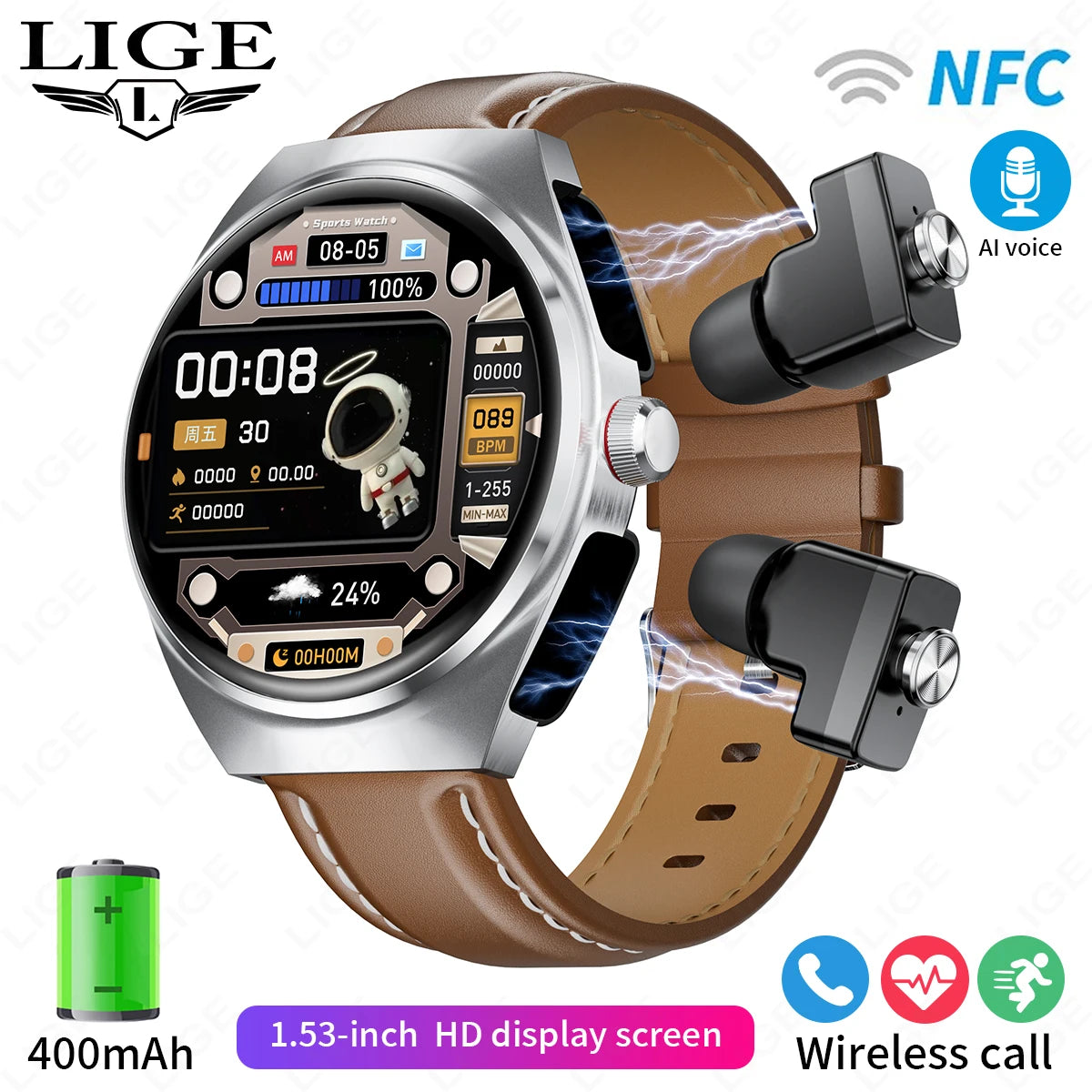 LIGE NFC TWS Earphone Smart Watch Bluetooth Call Waterproof Sports Fitness Men Smartwatch Plays Music Watches Heart Rate Monitor