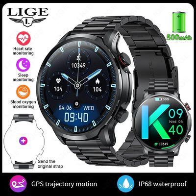 LIGE Motion Trajectory GPS Smart Watch For Men 500Ah Extra-Long Battery Waterproof Steel Rugged Smartwatch Bluetooth Call Watch