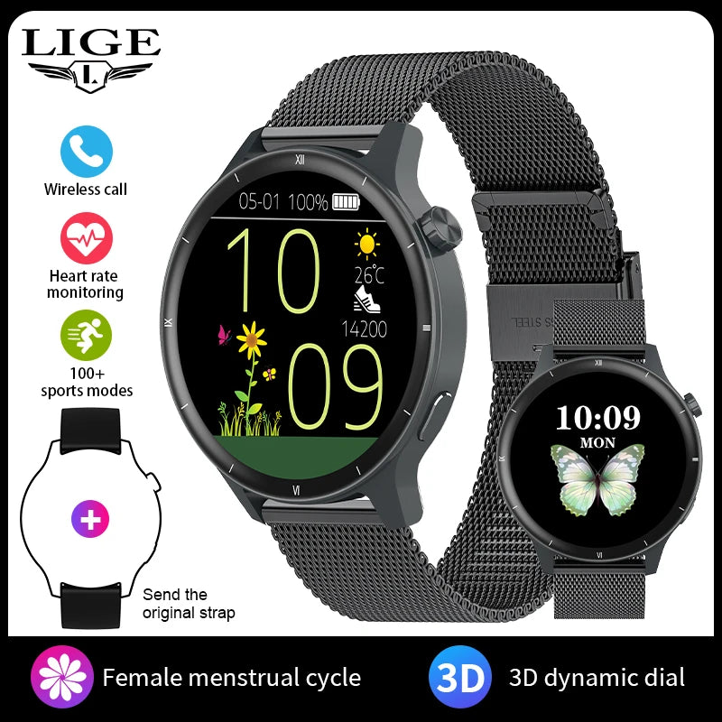 LIGE Fashion 3D Dynamic Dial Smart Watch Women Bluetooth Call Health Monitor 1.39''HD Screen Music Fitness Men Ladies Smartwatch